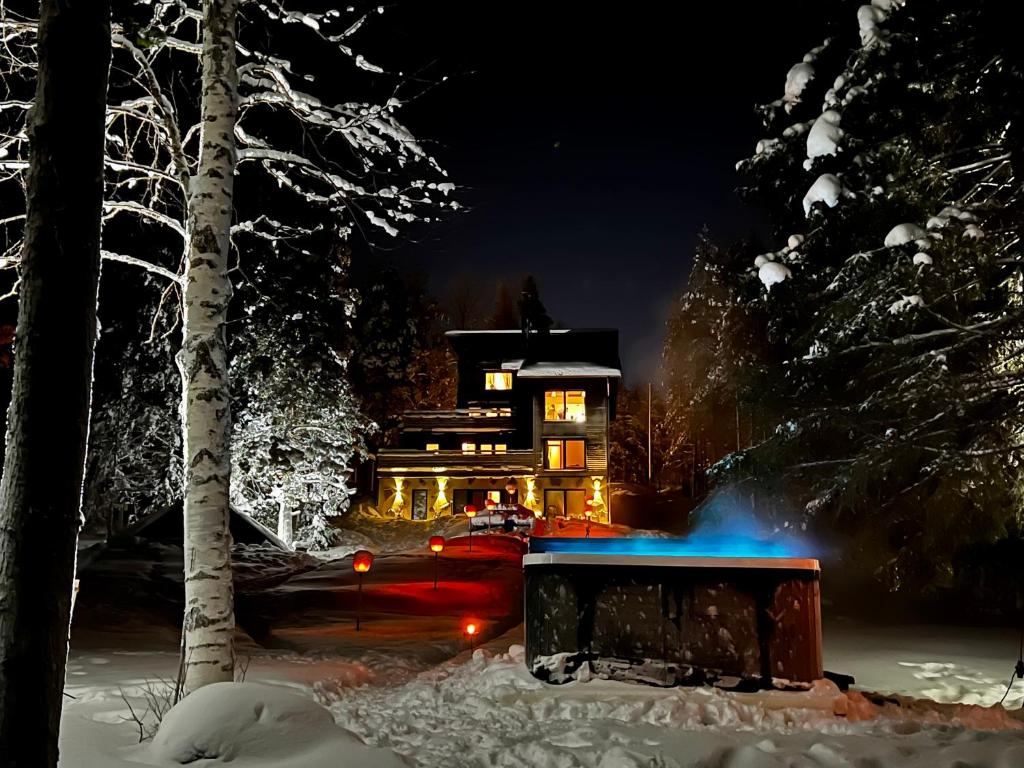 ein Haus im Schnee in der Nacht mit blauen Lichtern in der Unterkunft Scandi House Levi in Levi