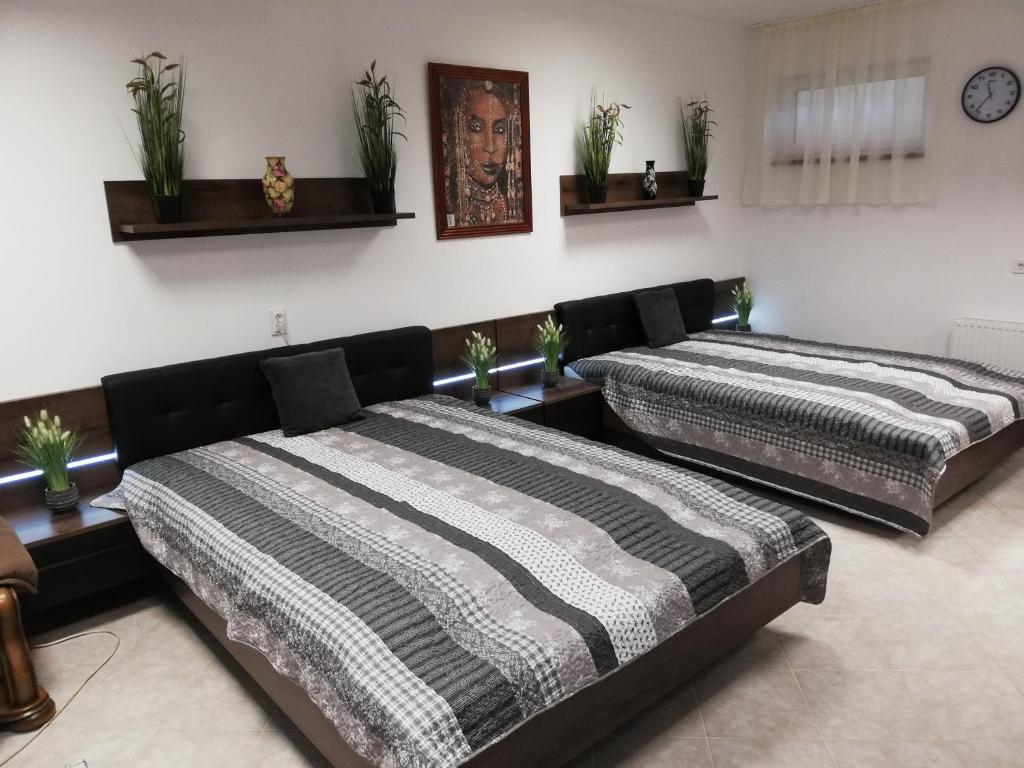 - 2 lits dans une chambre avec des plantes sur le mur dans l'établissement Budapest Wigwam 140 m2, à Budapest