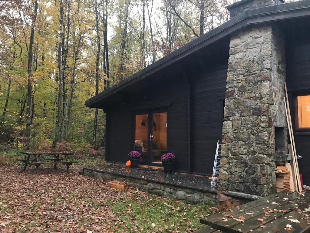 a log cabin in the woods with a bench and flowers at Forest Lodge in Petit Mesnil