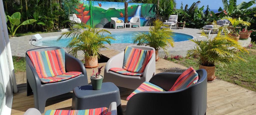 - un groupe de chaises assises à côté d'une piscine dans l'établissement Un coin de paradis, piscine privative, vue Saintes, à Trois-Rivières