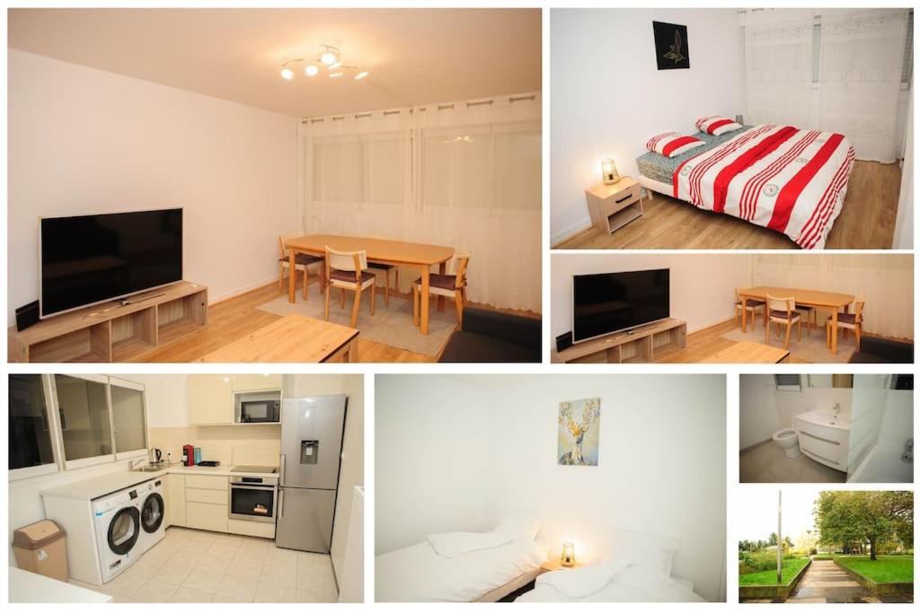 un collage de fotos de una habitación con cama y cocina en New : Grand T4 Cosy et tout équipé, en Créteil