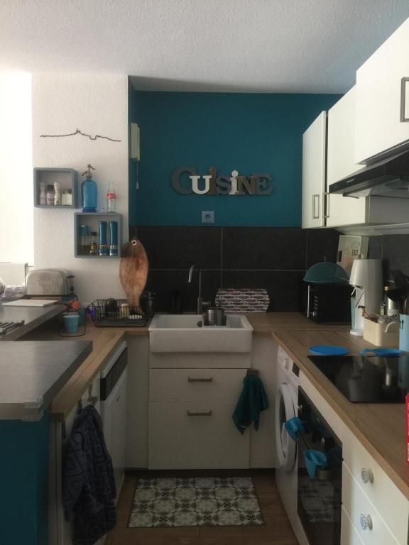 a kitchen with a sink and a blue wall at T3 Saint Cyr sur Mer 83270 in Saint-Cyr-sur-Mer