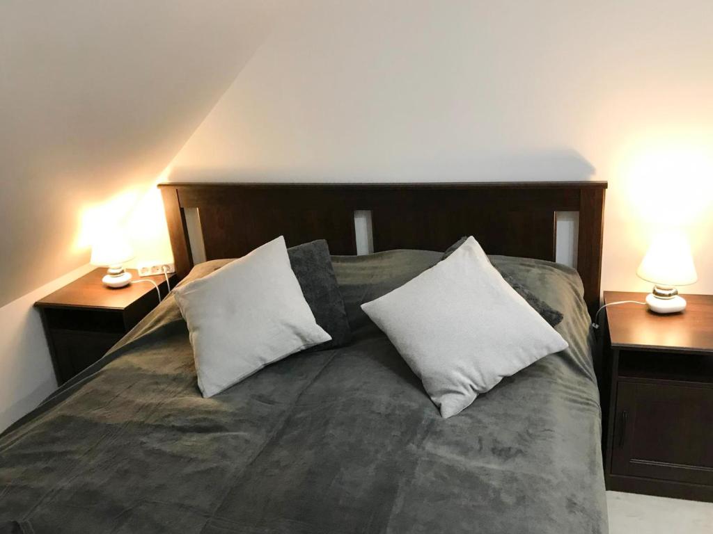 1 cama con 2 almohadas y 2 lámparas en 2 mesas en Apartamentai Nidos centre Taikos g, en Nida