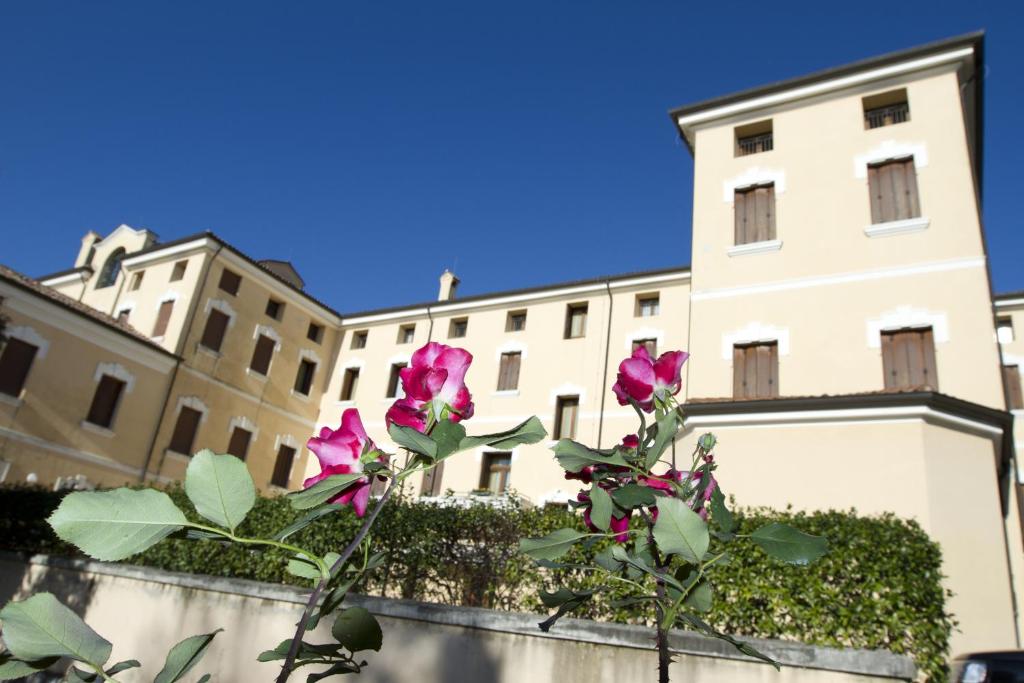 een roze rozenstruik voor een gebouw bij Villa Scalabrini in Crespano del Grappa