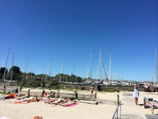 un grupo de personas yaciendo en la arena en la playa en Hus m gaard have, 25m fra havet, havn, Strand, High speet internet, restauranter, en Rungsted