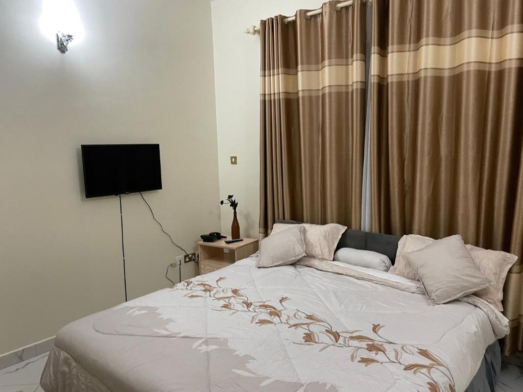 1 dormitorio con 1 cama y TV en Jaffa Suites en Kampala