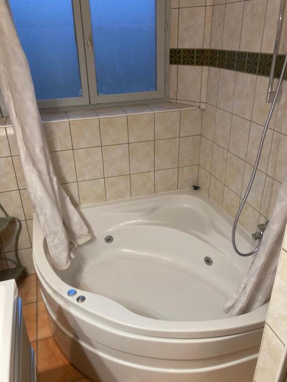 a white bath tub in a bathroom with a window at Appartement &quot;Jardins&quot; in Pesmes