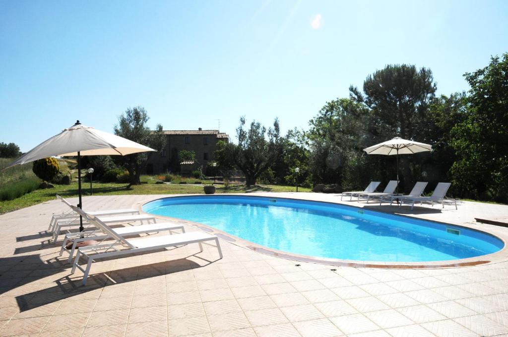a swimming pool with lounge chairs and umbrellas at Agriturismo Naioli in Pitigliano