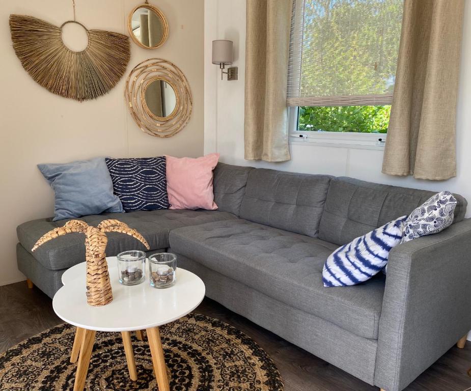 ein Wohnzimmer mit einem grauen Sofa und einem Tisch in der Unterkunft Chalet in Renesse in Renesse