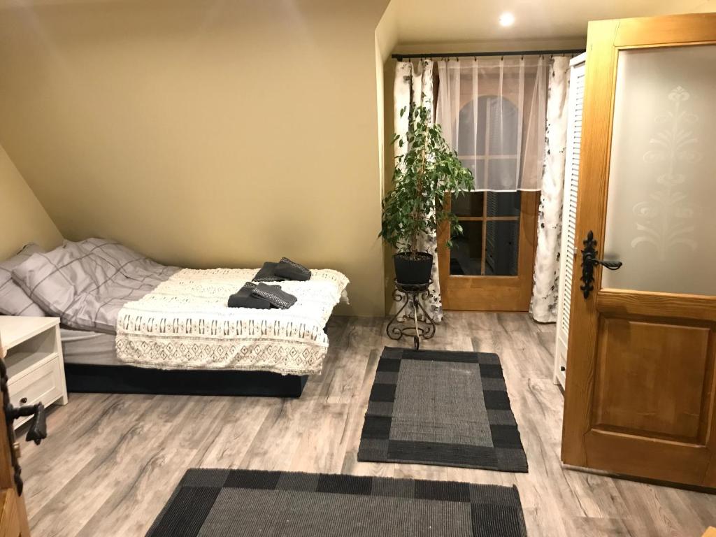 sypialnia z łóżkiem, oknem i drzwiami w obiekcie Apartament Groń w mieście Kościelisko