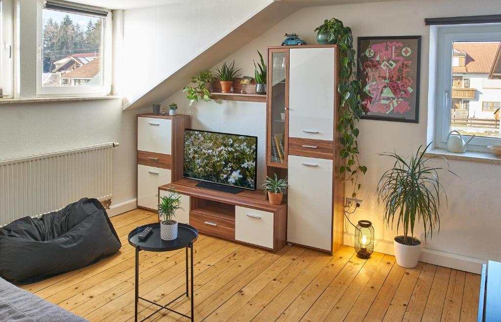 een woonkamer met een tv en een bank bij Green-Art-Living im Allgäu für 4 mit Queensize & WIFI in Lauben