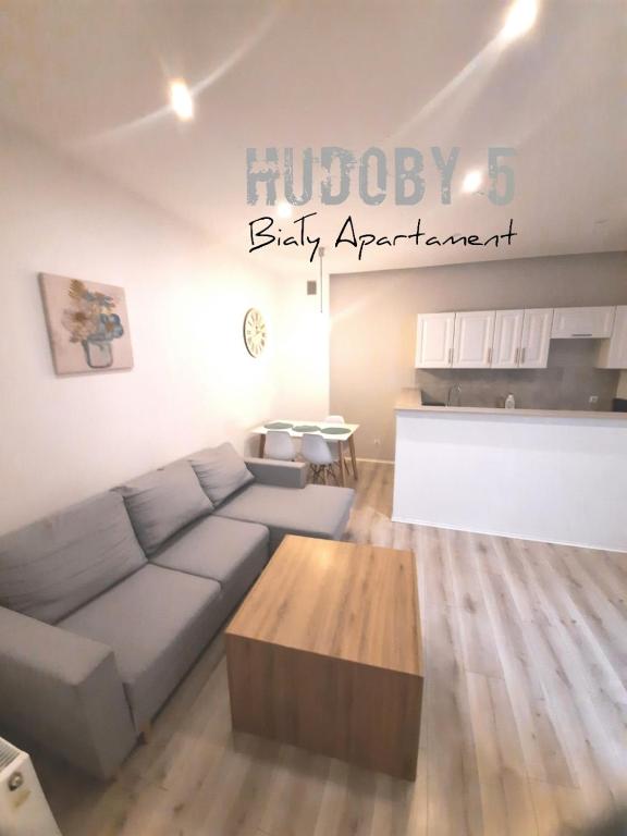 a living room with a couch and a coffee table at Apartament Biały CHUDOBY 5 Gliwice in Gliwice