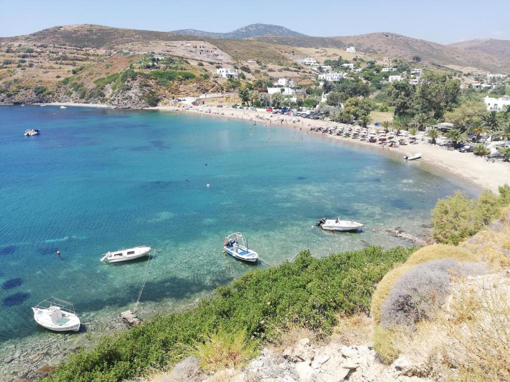 uma vista para uma praia com barcos na água em Pansion Katerina Skyros em Acherounes
