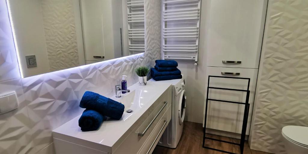 Apartamenty Green&Blue w Węgorzewie - BLUE في فينغوجيفو: حمام مع حوض أبيض ومرآة