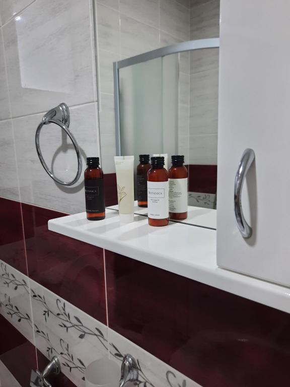 a bathroom with a shelf with three bottles on it at Studio Sanja in Soko Banja