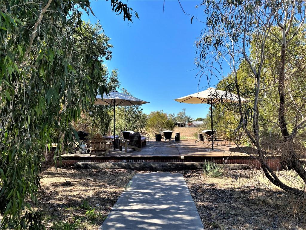 a deck with chairs and umbrellas in a field at Saltbush Retreat in Longreach