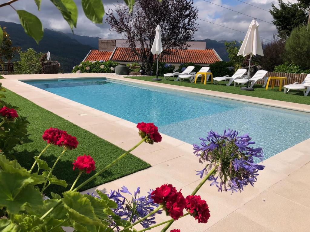 a swimming pool with flowers in front of a house at Casa Martagão do Gerês by Gerês Casas in Caniçada