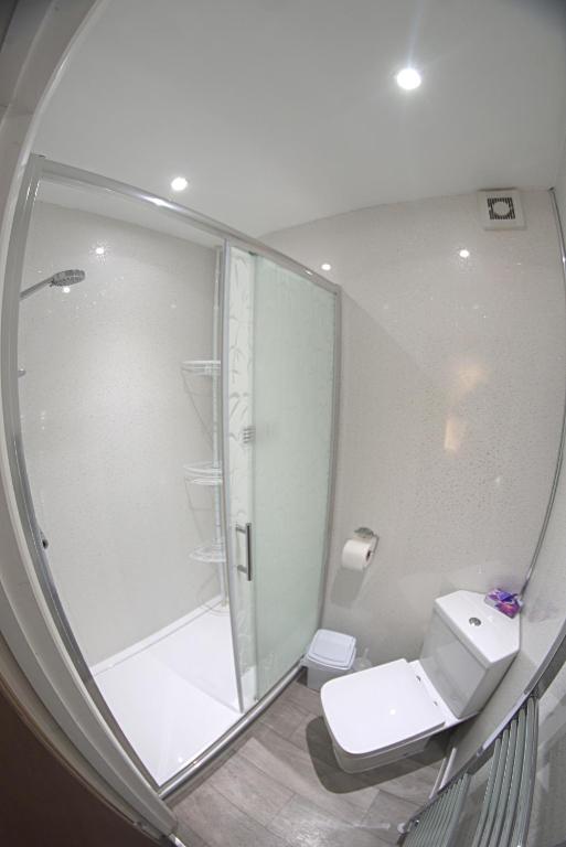 a bathroom with a shower and a toilet and a mirror at The Eastleigh in Skegness