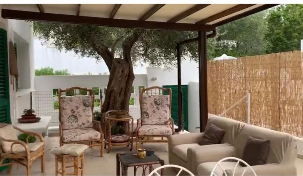 un patio con sedie, tavolo e albero di Villa a Peschici (Puglia-Gargano) a Peschici