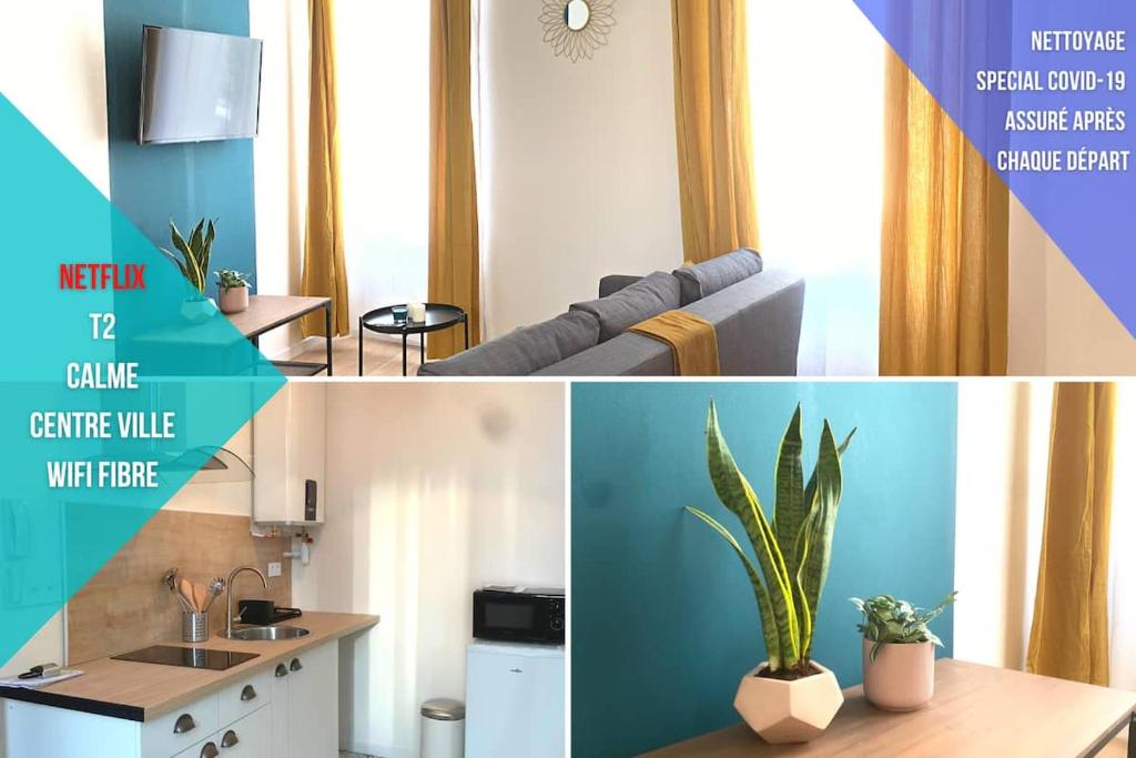 un collage de photos d'un salon et d'une cuisine dans l'établissement APPART COSY - Saint Cybard - CENTRE VILLE, à Angoulême