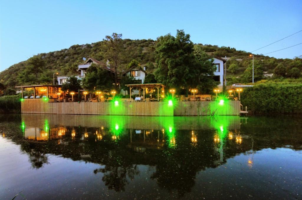 un reflejo de luces verdes en un cuerpo de agua en Beyaz Ev Agva - Adult only +15, en Agva