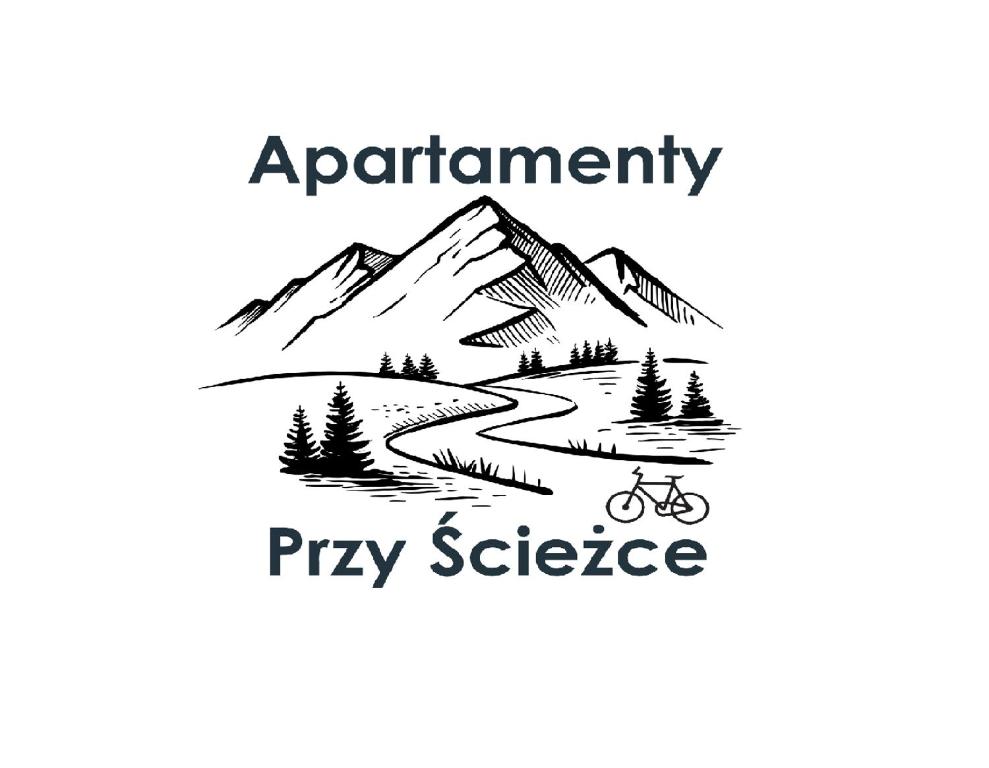 logotipo para un servicio de pizza con montañas y bicicleta en Apartamenty Przy Ścieżce Velo Czorsztyn, en Dębno