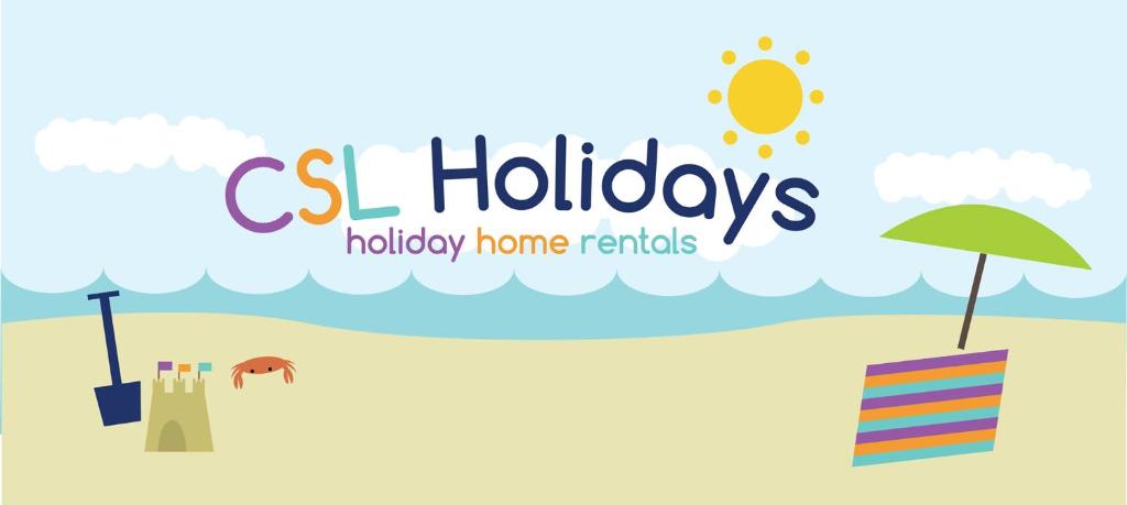 スケッグネスにあるCSL Holidaysのホリデーホームレンタルの単語とビーチのイラスト