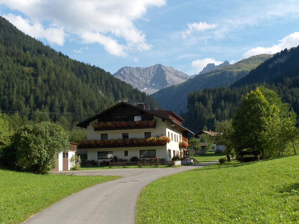 a house on a road with mountains in the background at SennHOF Lechtal in Bach