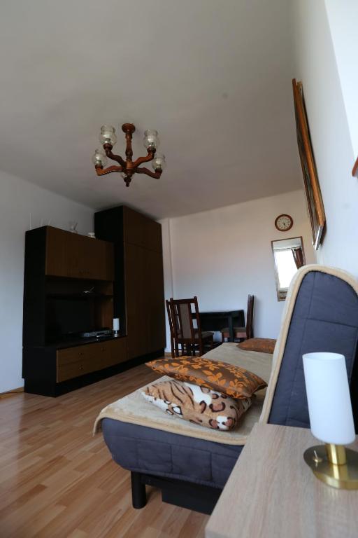 - un salon avec deux lits et un lustre dans l'établissement apartament DaDa, à Sosnowiec