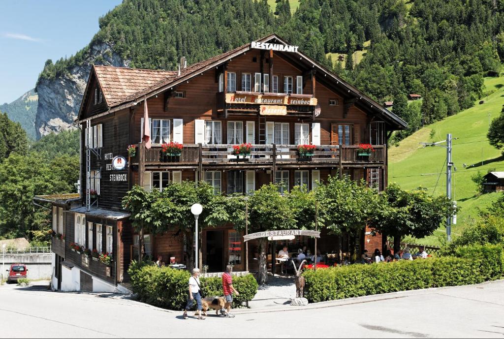 a wooden building with people and a dog in front of it at Hotel Steinbock in Lauterbrunnen