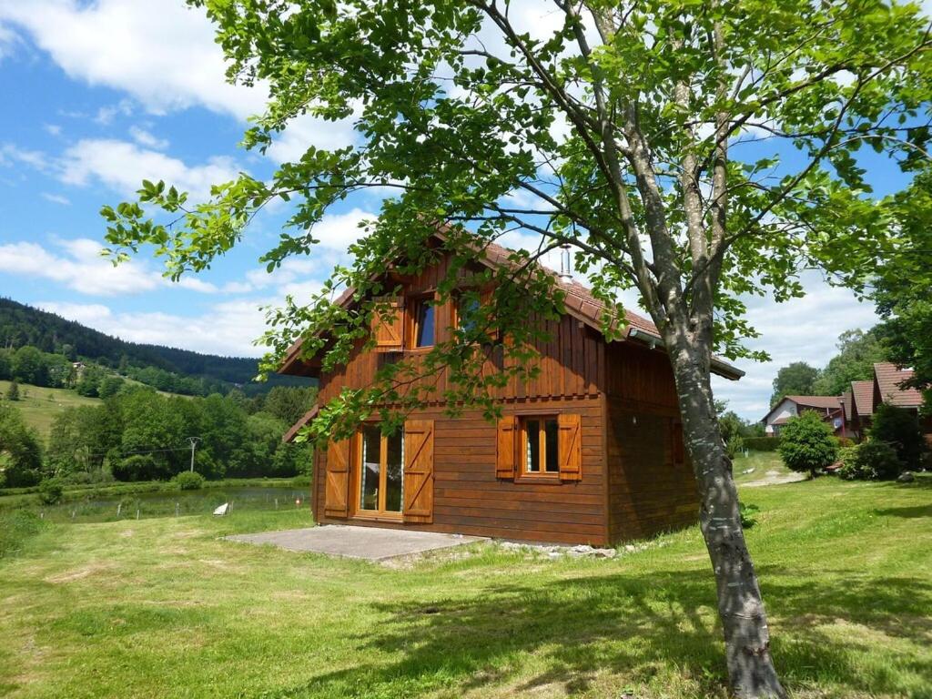 una pequeña casa de madera en un campo con un árbol en Lovely chalet in Vosges with shared pool, en Zhezdi
