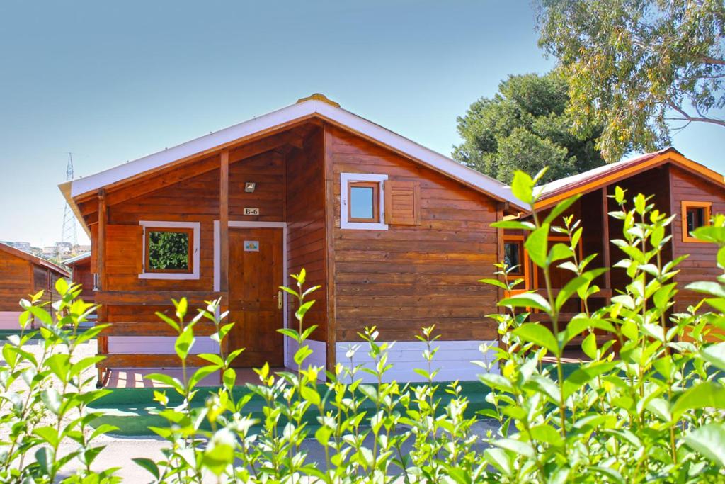 Cabaña de madera pequeña con árbol en Bungalows Camping el Cid en Peñíscola