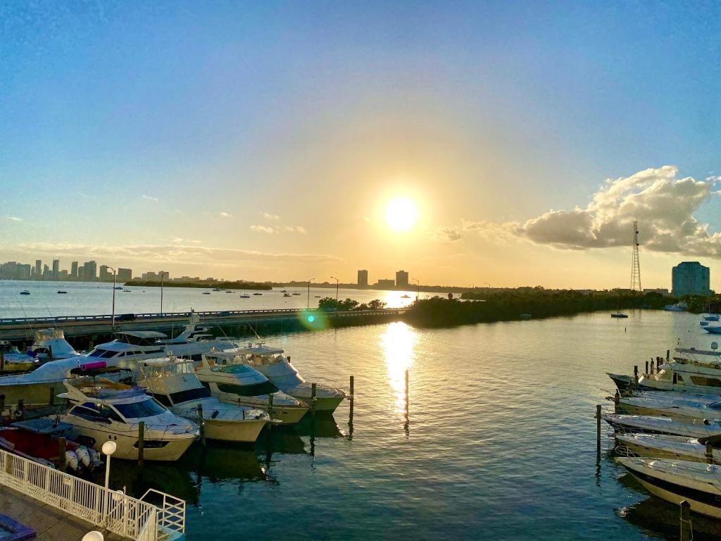 eine Gruppe von Booten, die an einem Dock im Wasser angedockt sind in der Unterkunft Modern waterfront apartment with free parking 5 mins drive to Miami Beach in Miami Beach