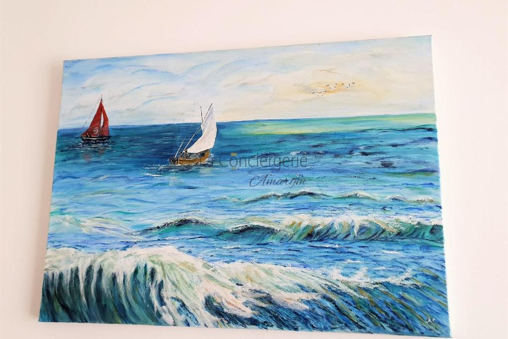 a painting of two boats in the ocean at A 2 PAS du PORT in Saint-Valéry-sur-Somme