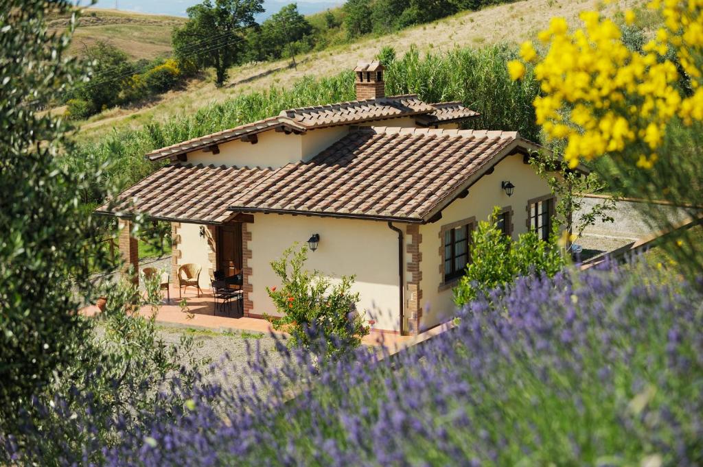 a small house in a field of purple flowers at Le Capannacce in Cinigiano