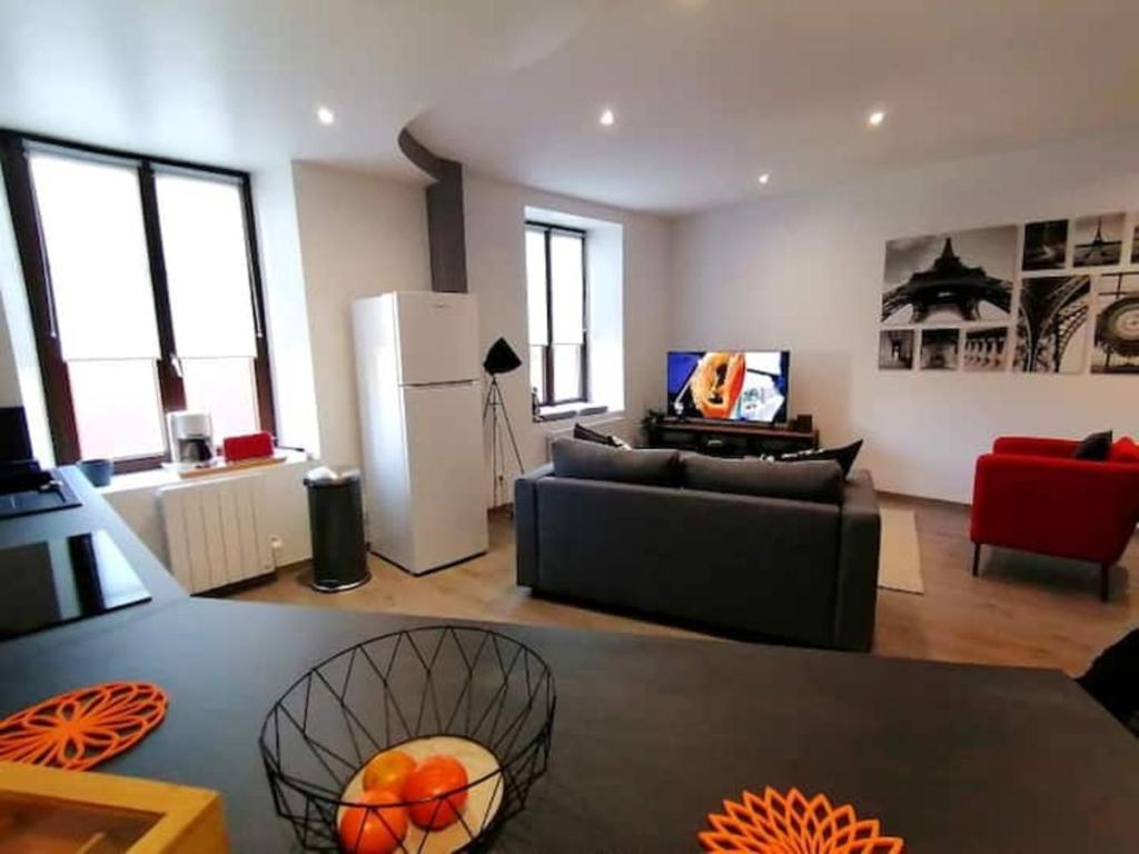 a living room with a couch and a refrigerator at Grand Appartement 2 chambres avec Fibre et Netflix in Belfort