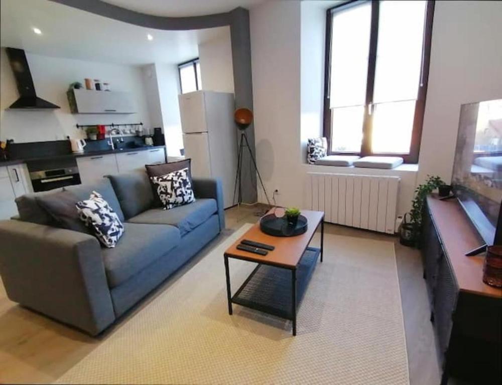 a living room with a blue couch and a coffee table at Grand Appartement 2 chambres avec Fibre et Netflix in Belfort