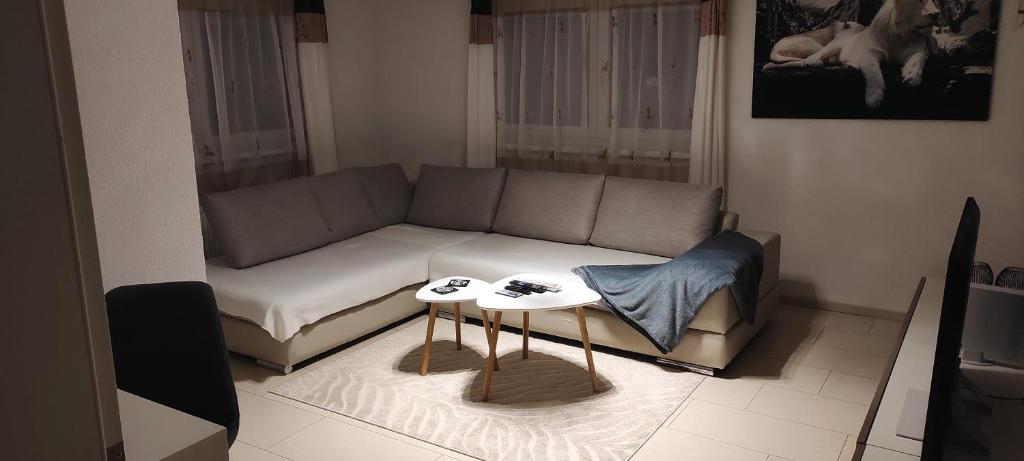 ein Wohnzimmer mit einem Sofa und einem Tisch in der Unterkunft Ferienwohnung mit Sauna und schönem Garten in Rottweil