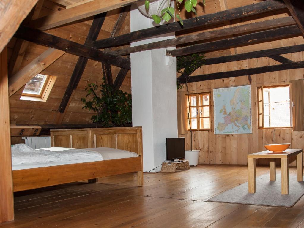 a bedroom with a bed and a tv in a building at Apartment Soukenicka 44 in Český Krumlov