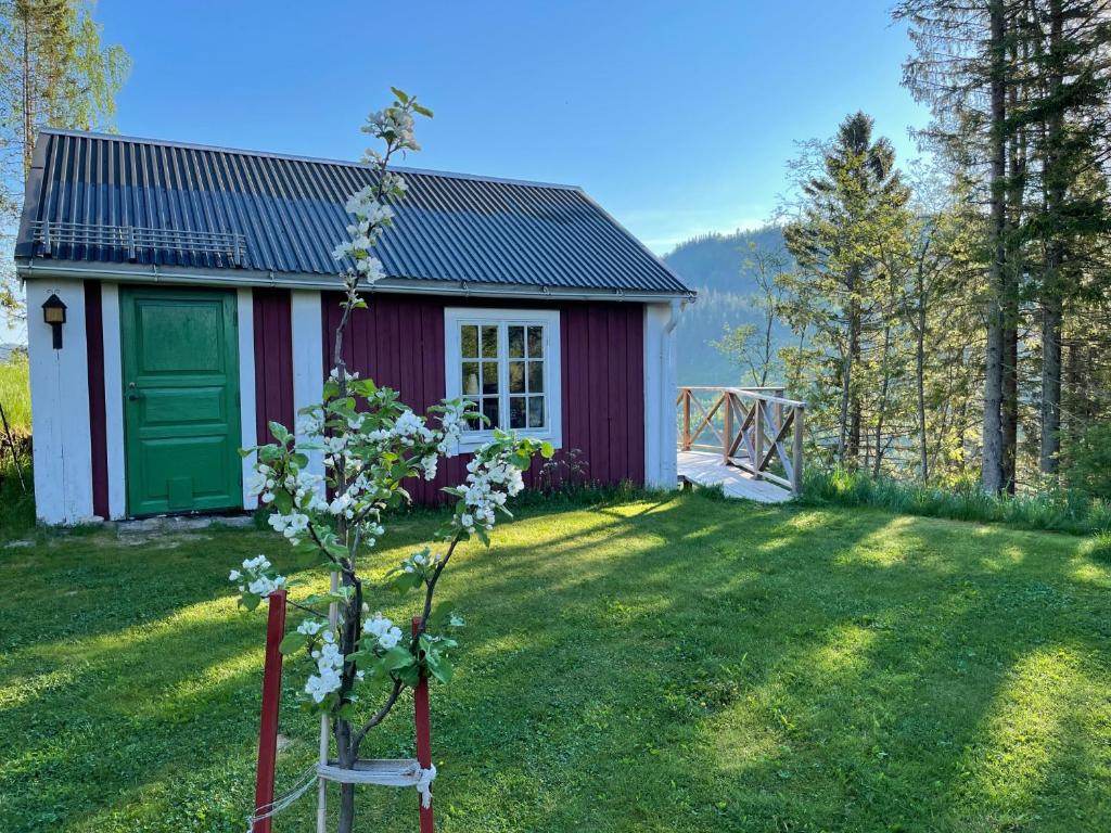 una pequeña casa roja y blanca con un árbol en el patio en Ateljéstugan med magisk utsikt en Nordingrå