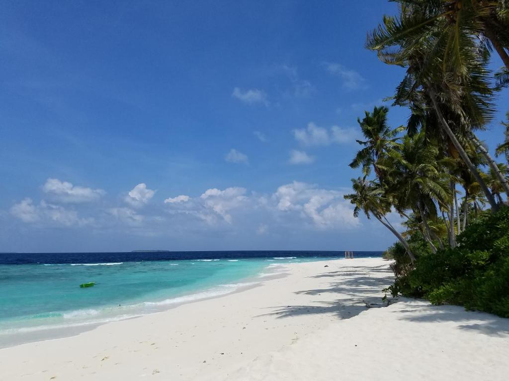 - une plage de sable blanc avec des palmiers et l'océan dans l'établissement SUNSET BEACH AT CORNERSTAY Fodhdhoo, à Fodhdhoo