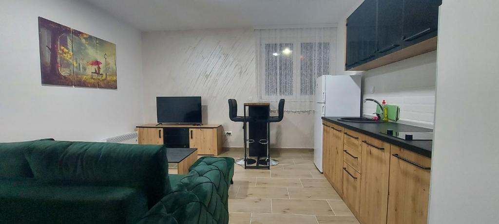 een woonkamer met een bank en een keuken bij Sumski san 3 in Divčibare