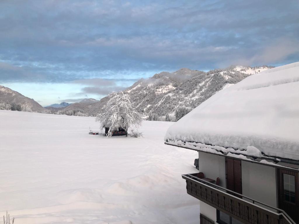ein schneebedecktes Dach eines Hauses mit Bergen im Hintergrund in der Unterkunft Ferienwohnung Lassendorf in Hermagor