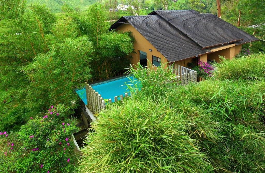 a house with a swimming pool in a garden at Tea Terrain Resorts & Spa in Vagamon