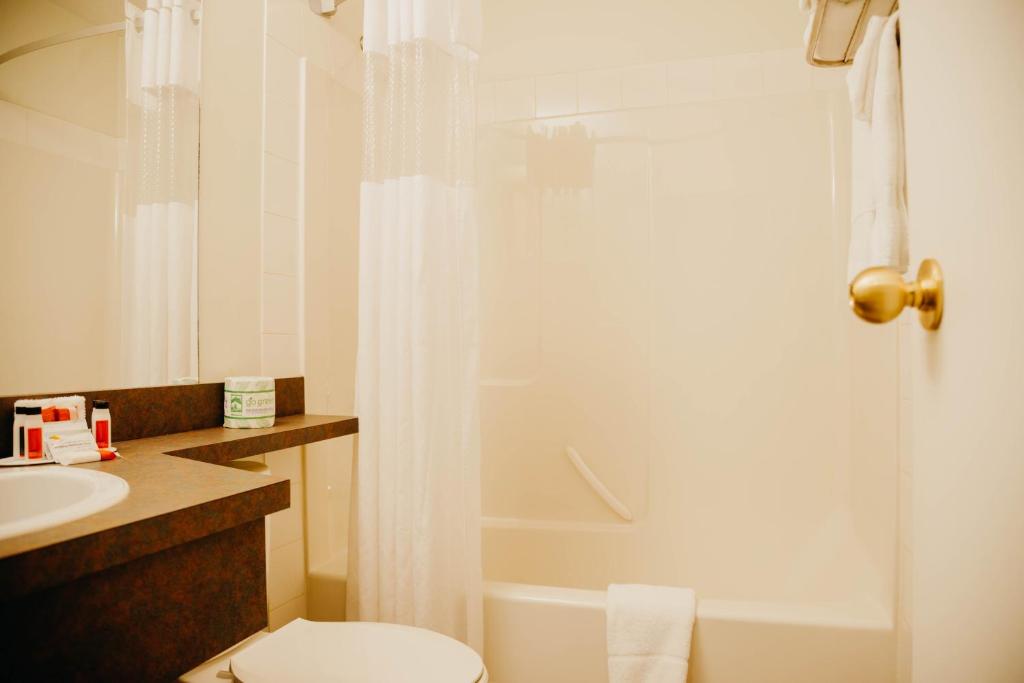 a bathroom with a shower and a toilet and a sink at Super 8 by Wyndham Revelstoke BC in Revelstoke
