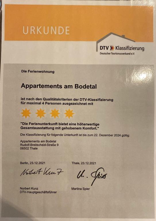 Certifikát, hodnocení, plakát nebo jiný dokument vystavený v ubytování Appartements am Bodetal