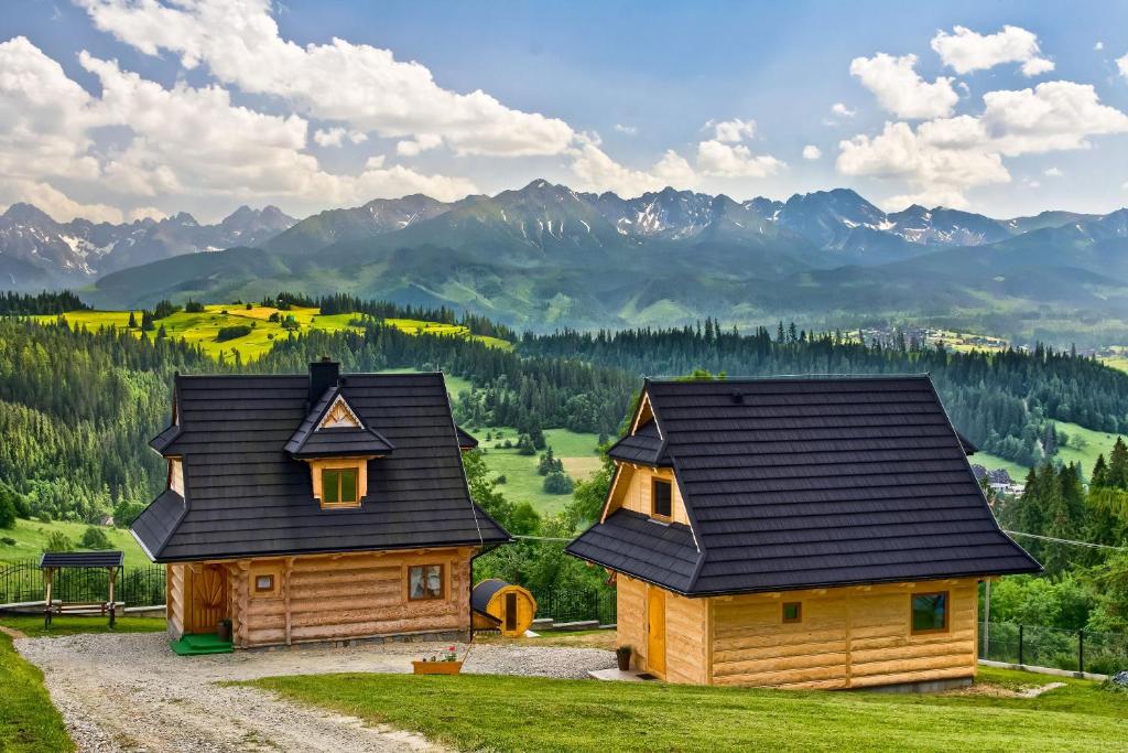 een huis op een heuvel met bergen op de achtergrond bij GliczarowSKI in Gliczarów