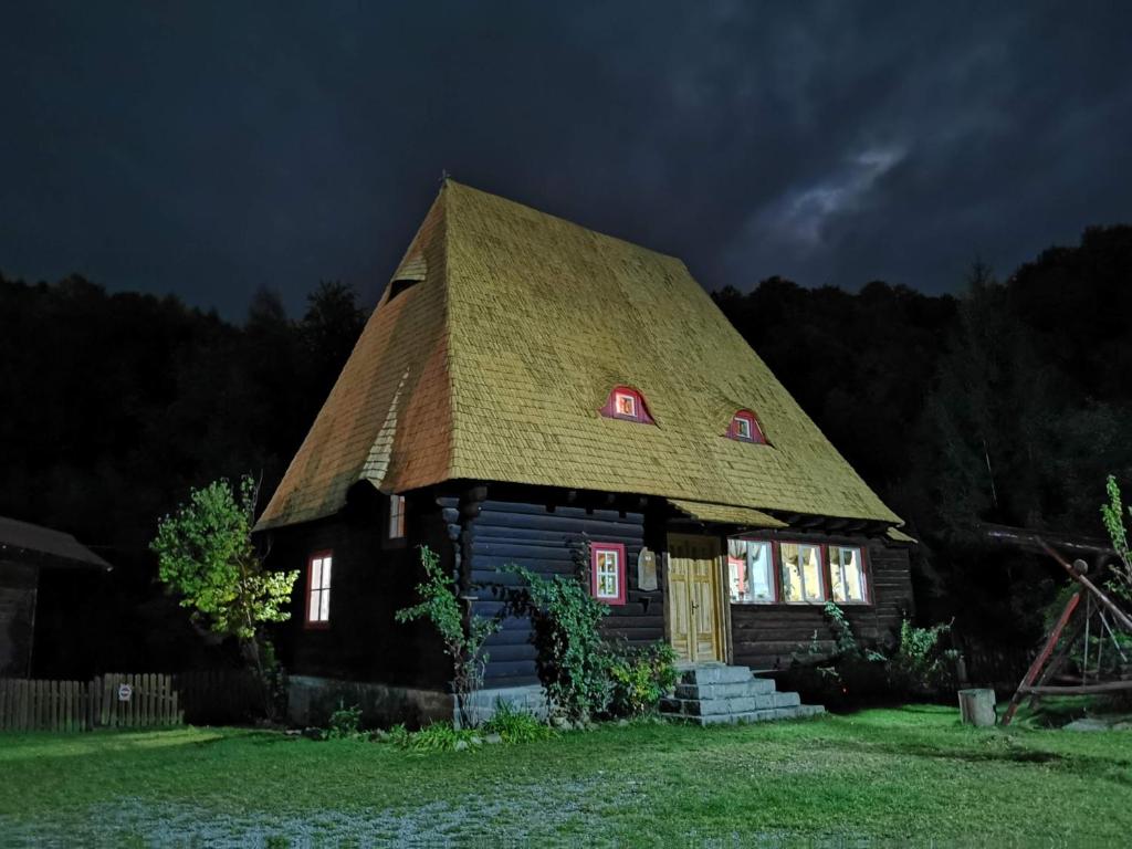 an old house with a thatched roof at night at Cabana Iubu in Valea Drăganului