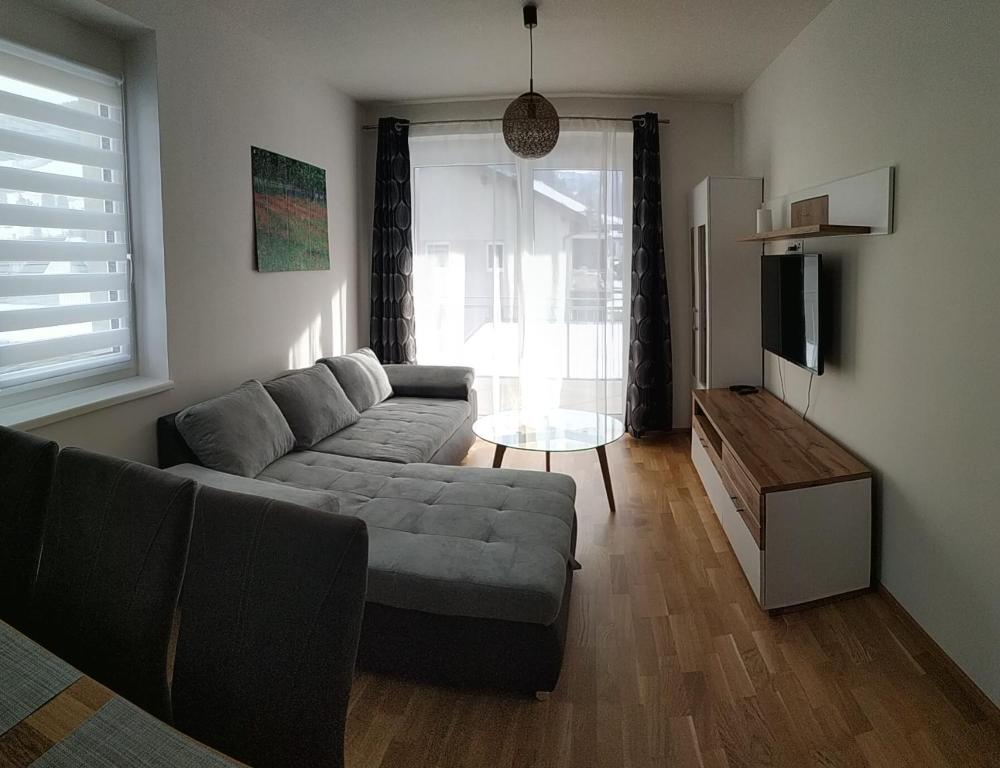 ein Wohnzimmer mit einem Sofa und einem TV in der Unterkunft Albarosa Appartemant in Öblarn