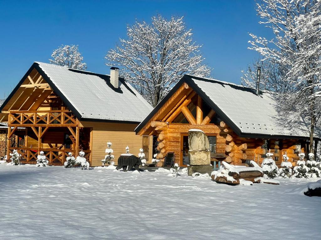 Cabaña de madera con nieve en el suelo en Chalet PidStromom en Mykulychyn